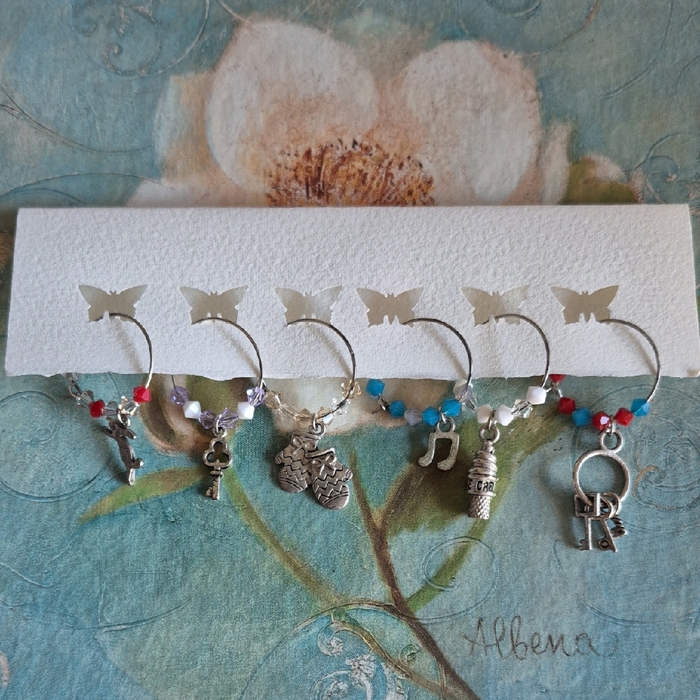 Hand Made Wine Glass Markers with Silver Charms & Swarovski Crystals